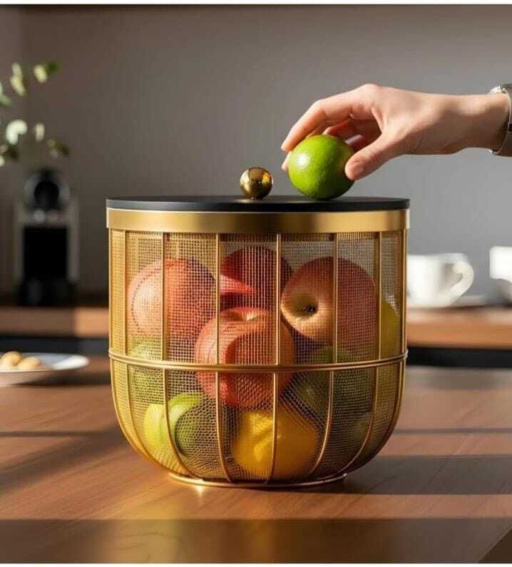 Gold Mesh Fruit Storage Basket with Lid Kitchen Organizer Round Container Iron Fruit & Vegetable Basket-image-23