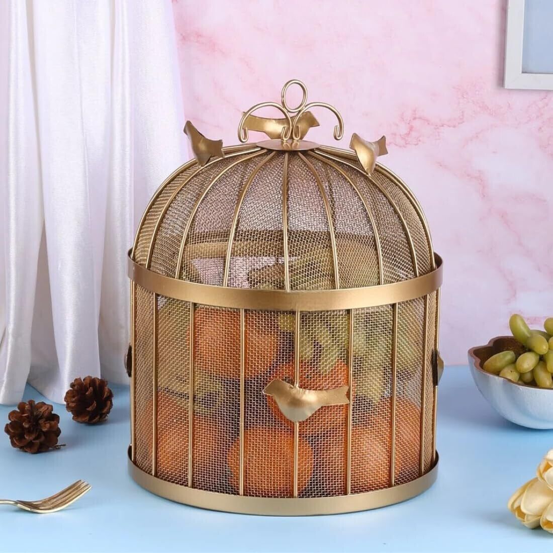 Bird Design Fruit and Vegetables Basket with Lid Decorative Bulbul Fruit Holder Iron Fruit & Vegetable Basket