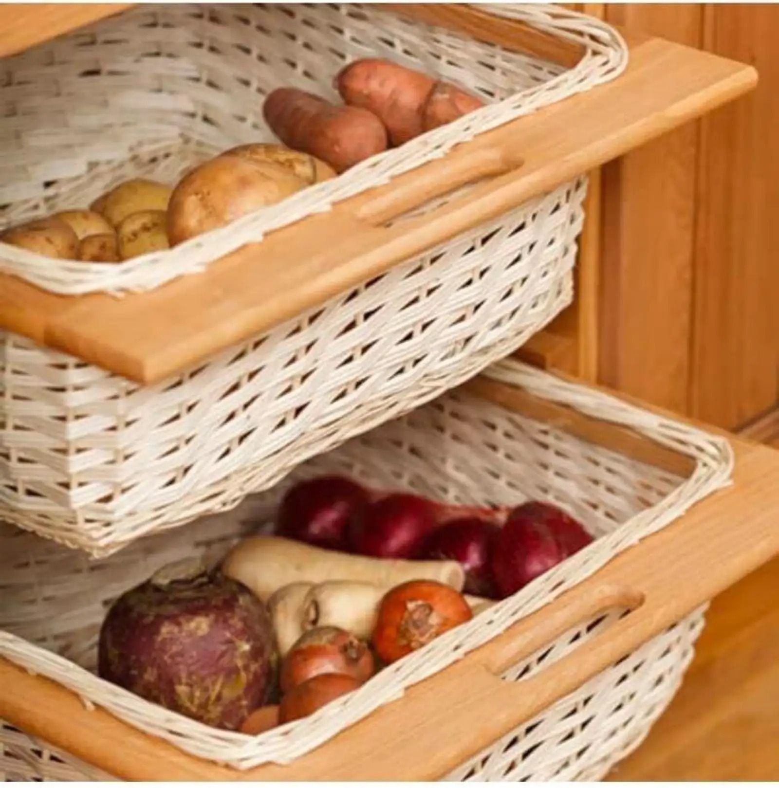Wooden Wicker Basket Pull Out | Natural Woven Storage Basket with Frame Wooden Fruit & Vegetable Basket-image-30