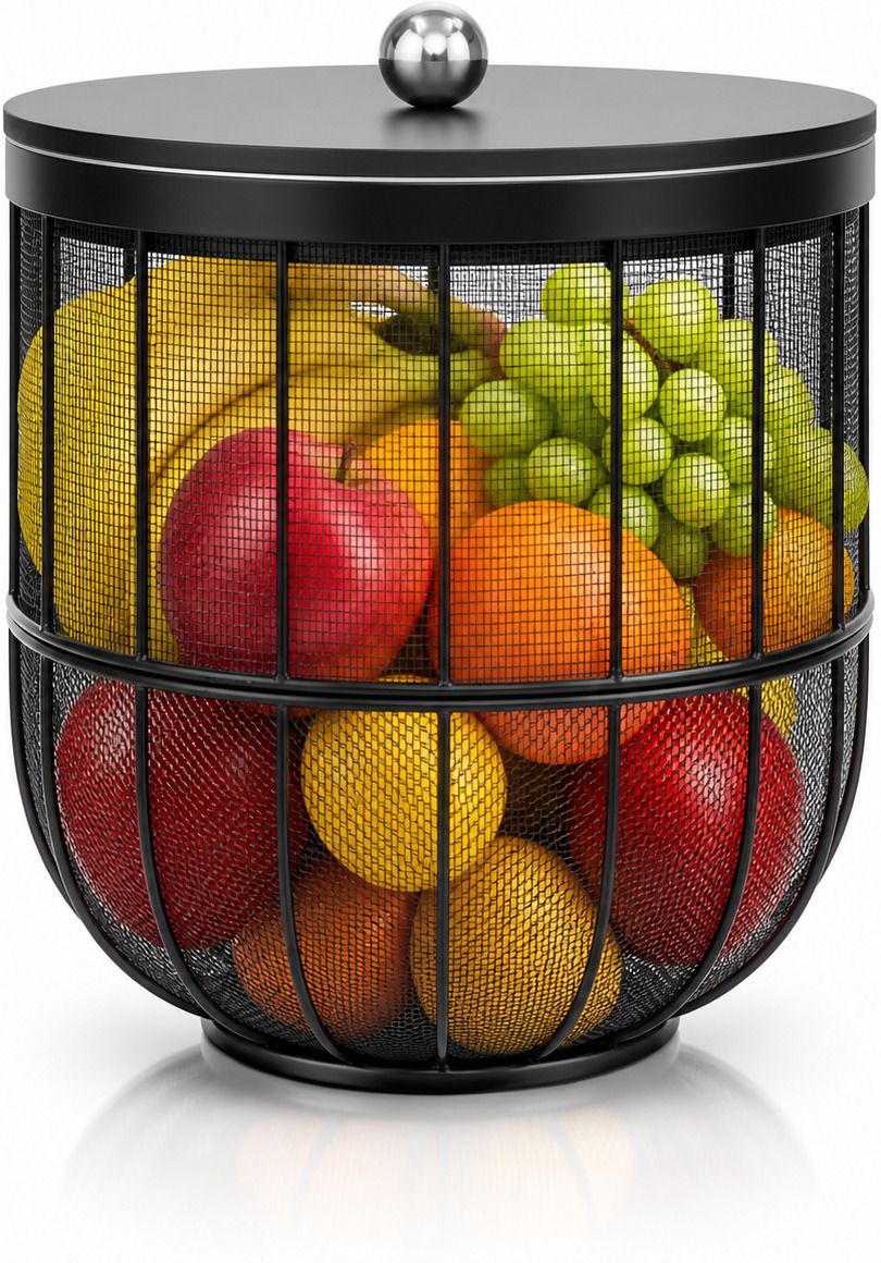 Luxury Black Metal Fruit Basket with Lid | Modern Storage Organizer Bowl Iron Fruit & Vegetable Basket-image-22