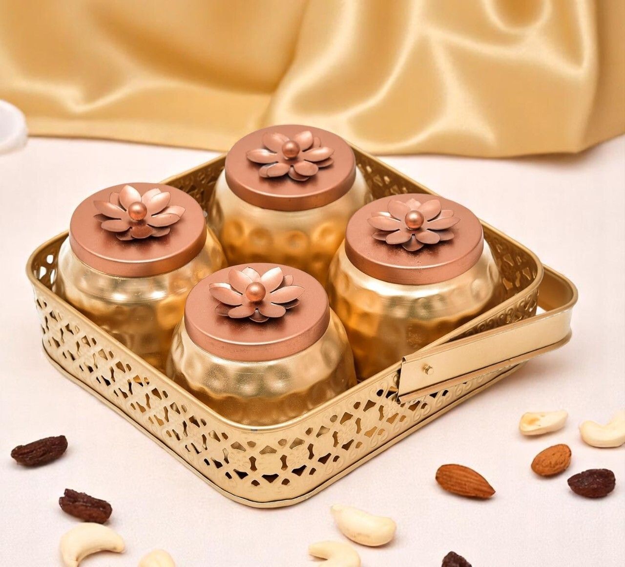 Square Shape Metal Basket with 4 Jar for Dry Fruits, Candy for Office, Table Iron Fruit & Vegetable Basket-image-44