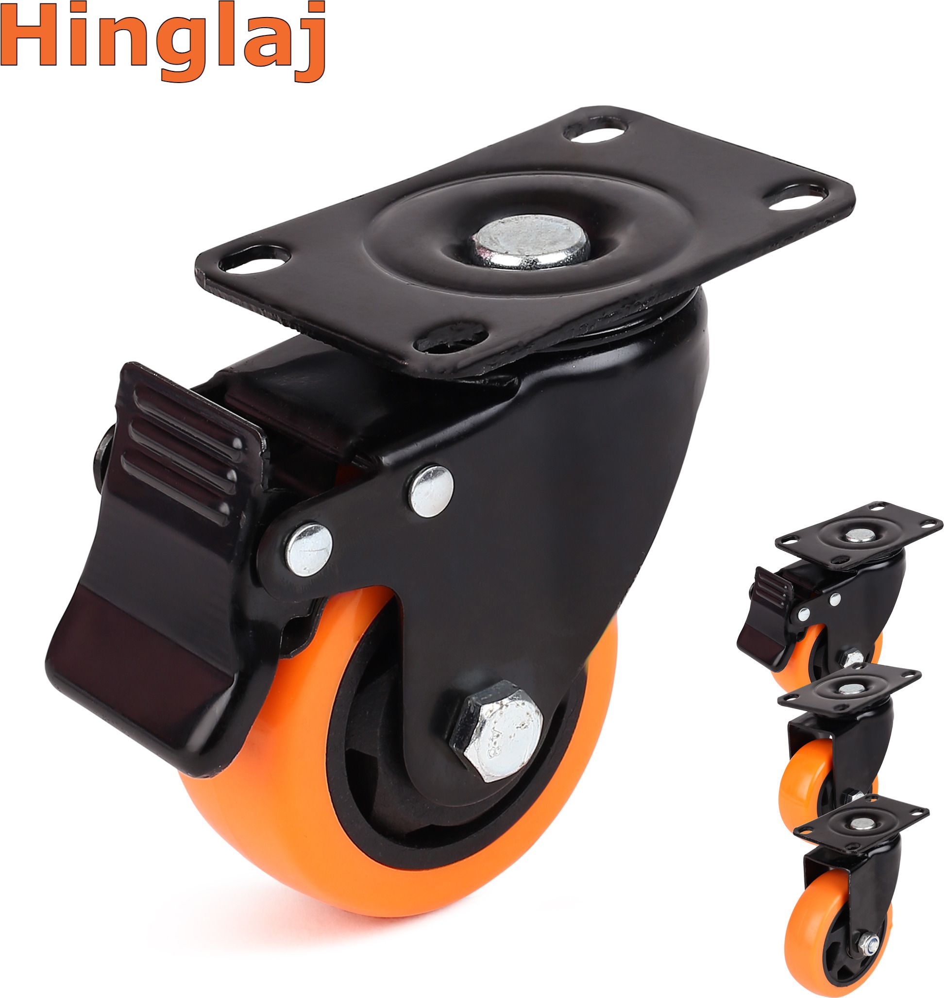 HC 2" 50MM Orange Soft Rubber Swivel Caster Wheel (2 with Brakes & 2 Without) Braked Furniture Caster