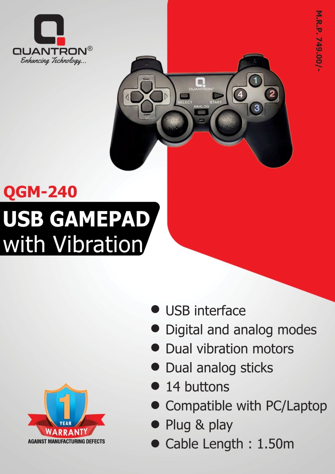 Quantron QGM-240 USB PC GAMEPAD WITH VIBRATION E-Gpv, PC, Gamepad. Gamepad image 1