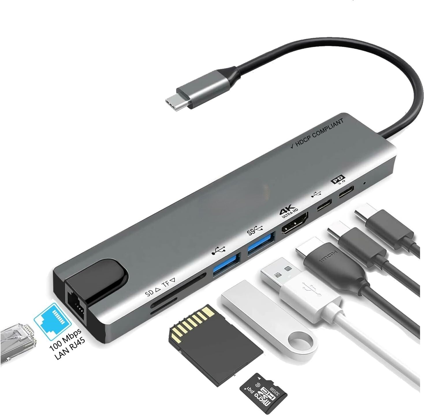Sancy 8 in 1 USB Aluminum Type C Adapter with 4K HDMI Port 8-in-1 USB-C hub with HDMI and USB 3.0 ports 2 USB-C ports Fast Charging, SD/TF Card Reader,RJ45 Ethernet-image-19