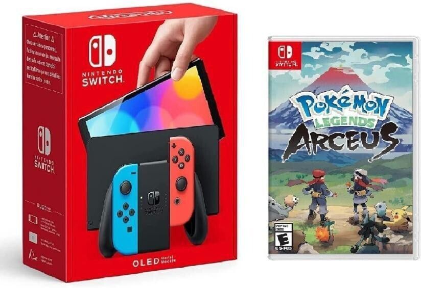 NINTENDO Switch OLED Console with Neon Blue Neon Red Joy Con 64 GB with Pokemon Legends Arceus-image-5