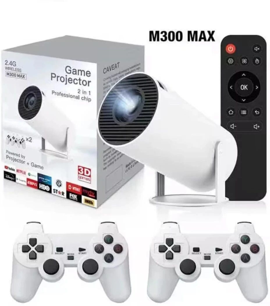 BITWEAVE M300 Max 2in1 Mini Projector HD 4K With 2.4G 2 Wireless Remote Video Game For TV with Plug & Play, Home Theater & Gaming Consoles for tv 64 GB with 20000+ Retro Games, Video Game Hand TV With TV Game Set, Best Gift for All Ages