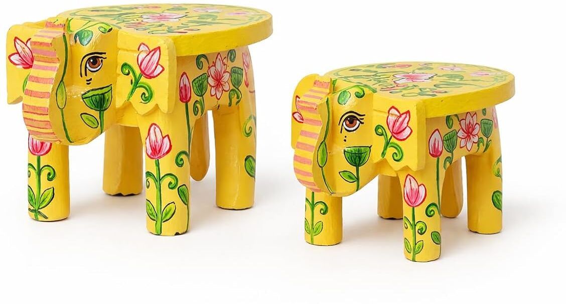 Handcrafted Wooden Mini Elephant Maharaja Blue Stool - Set of 2 Garden Gnome-image-48