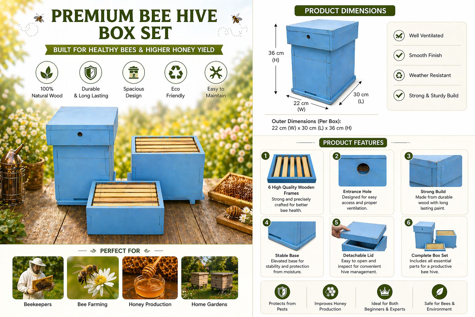Premium Bee Hive Box Set (6 Frames) | Wooden Beekeeping Box Garden Tool Kit-image-5