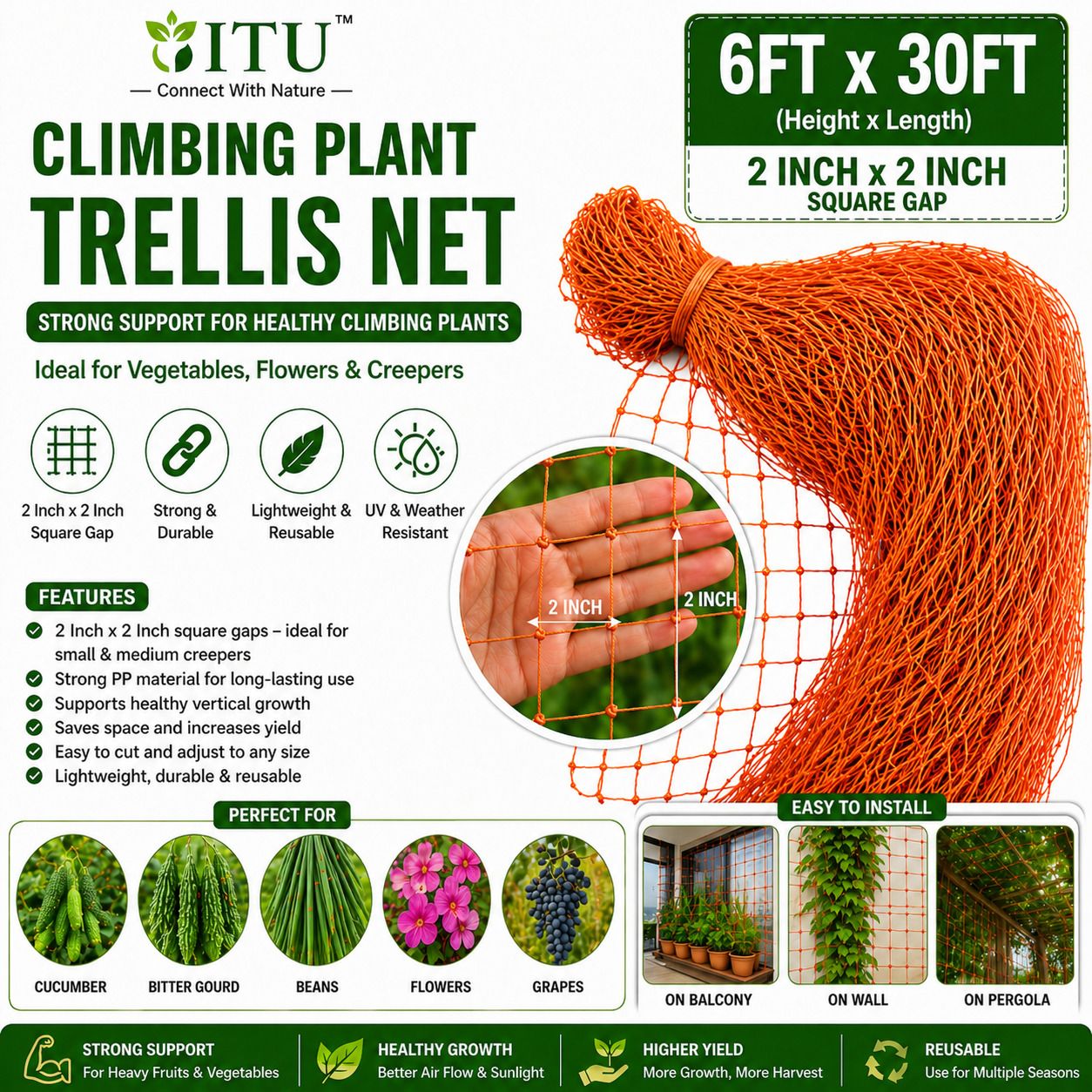 itu Climbing Net 6x30 ft | Strong Support Net for Creepers, Vegetables & Garden Garden Tool Kit-picture-28