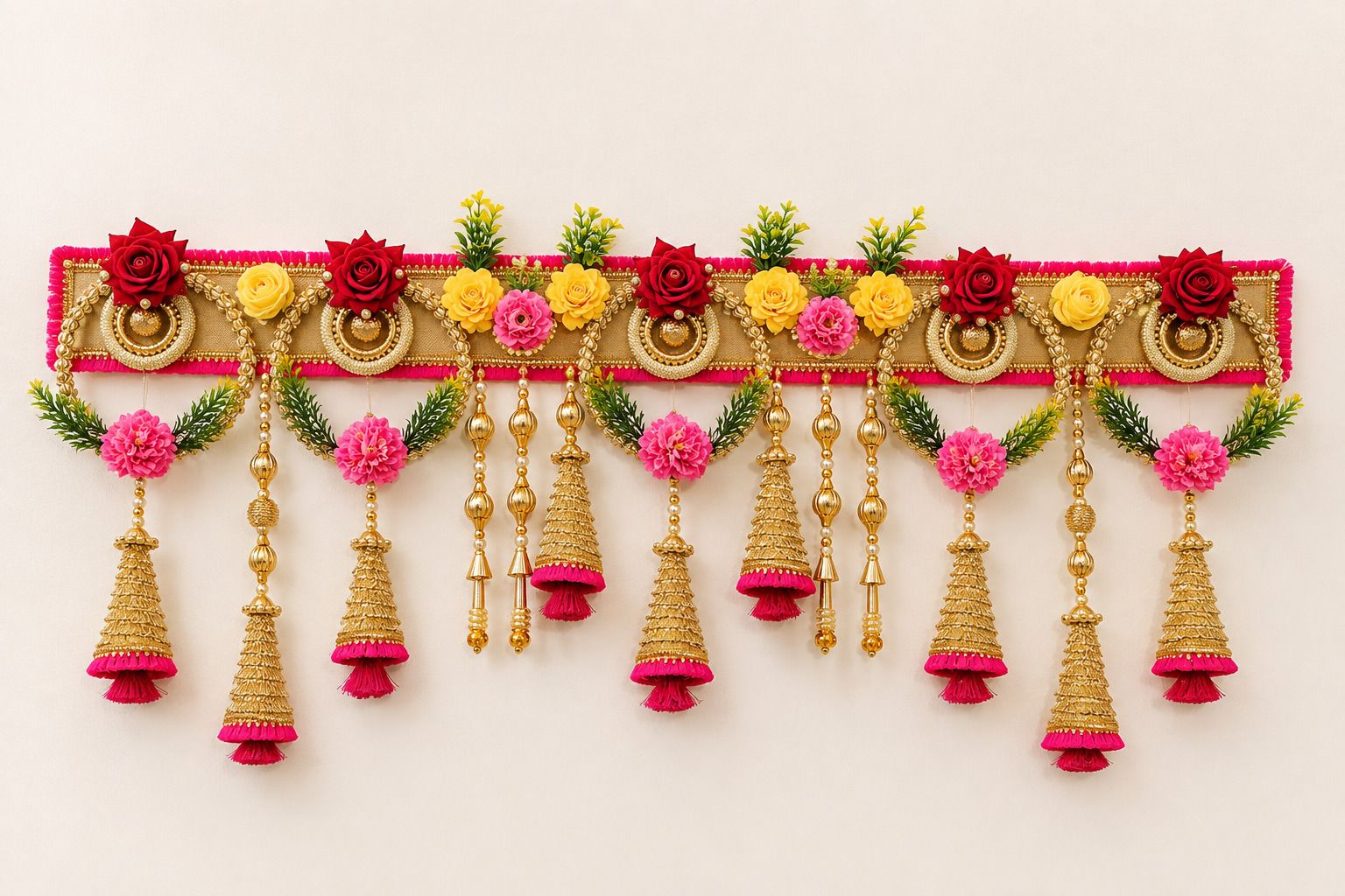 Artificial Floral Door Hanging Toran with Tassels & Roses Fabric, Plastic Flowers, Artificial Leaves, Decorative Beads Garland-image-24