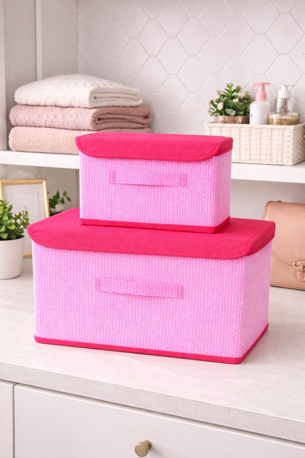 Set of 2 Big & Small Foldable Storage Box with Lid & Handle Wardrobe Organizer Storage Box-image-26