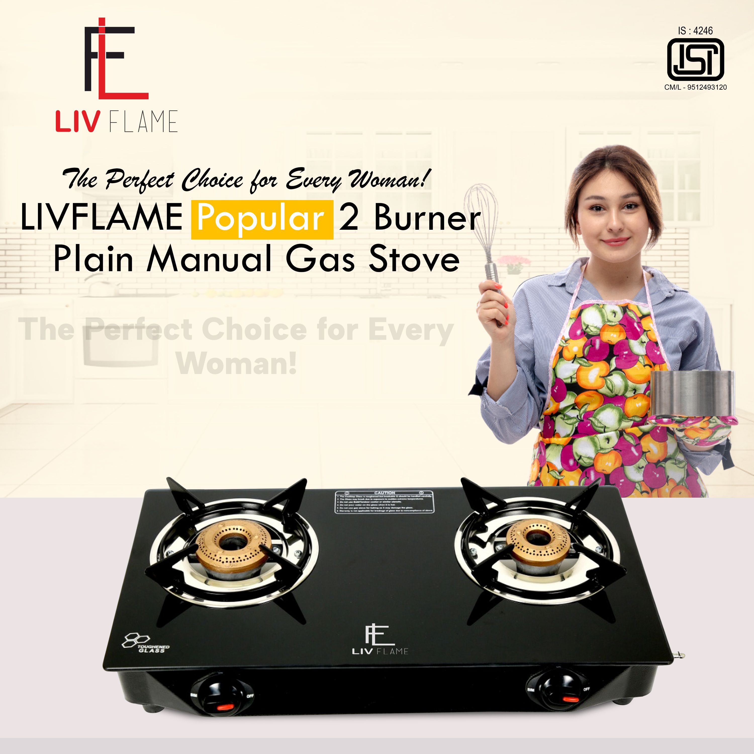 Popular Cute Plain Burner Toughened Glass Gas stove (Manual,Black) Glass Manual Gas Stove