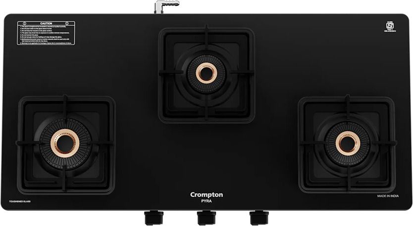 crompton Pyra 3 Burner 77cm Slim Cooktop Glass, Stainless Steel, Brass Manual Gas Stove-picture-45