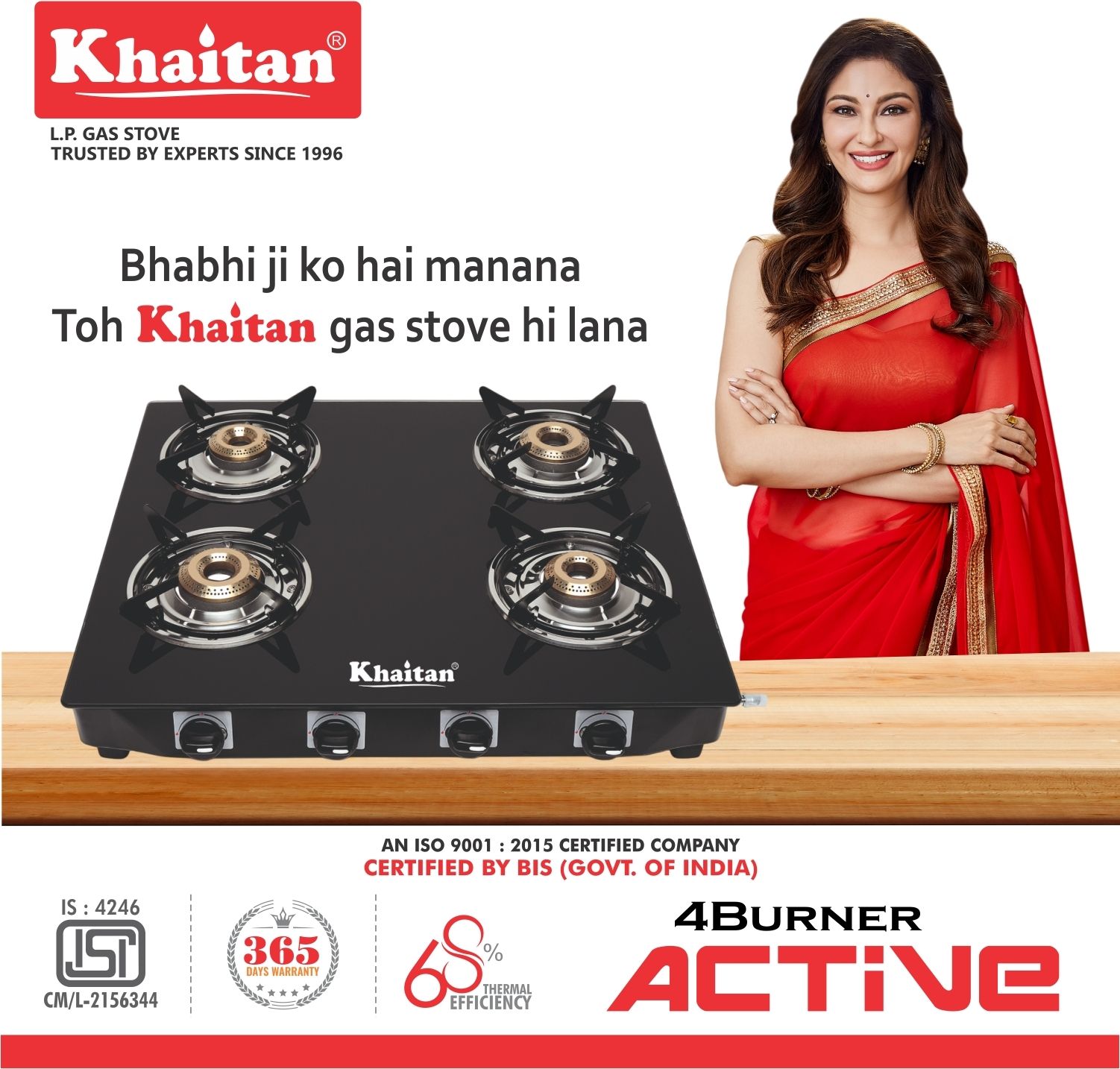 4 Burner Active Forged Black Toughened Glass Manual Gas Stove