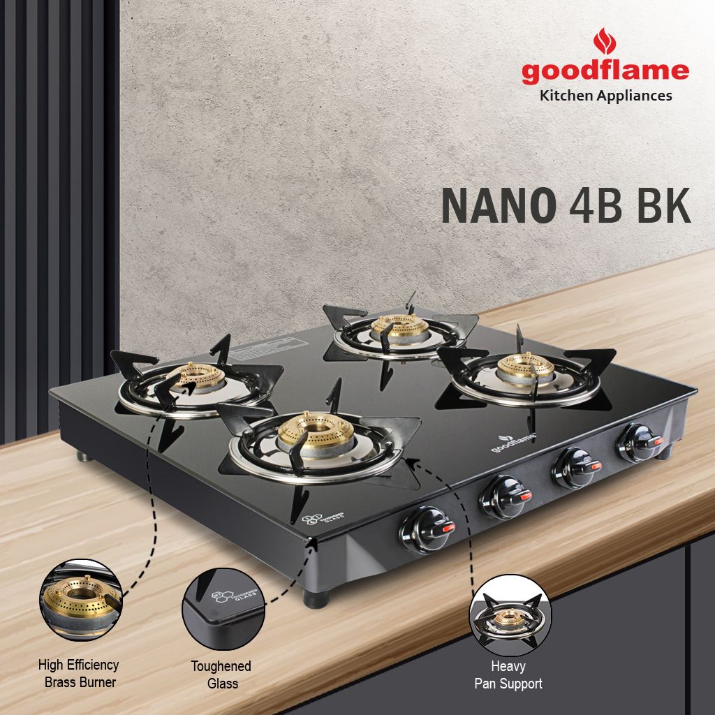 Nano 4B BK Toughened Glass 4 Brass Burner Gas Stove(Manual ,Black) Glass Manual Gas Stove-image-29