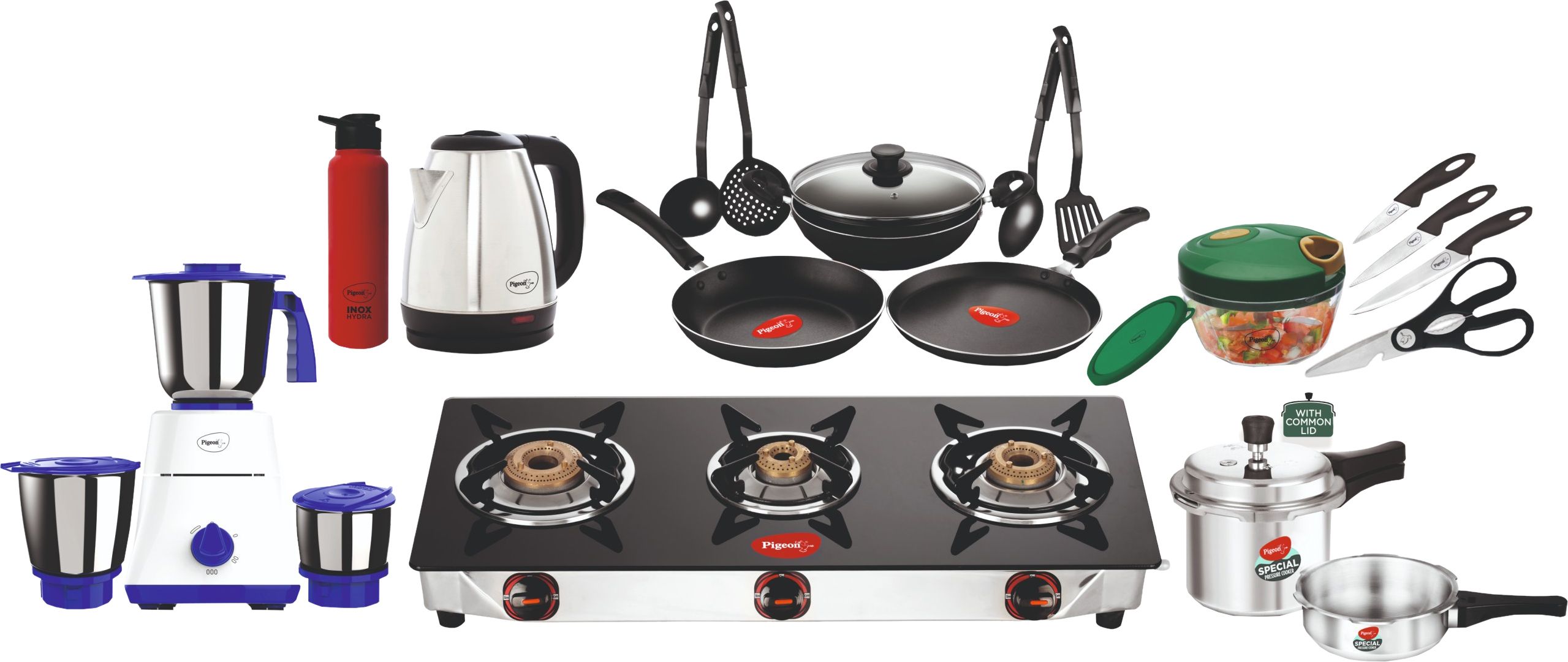 family kitchen with mixer, cookware,kettle, water bottle, cooker set, glass manual gas stove