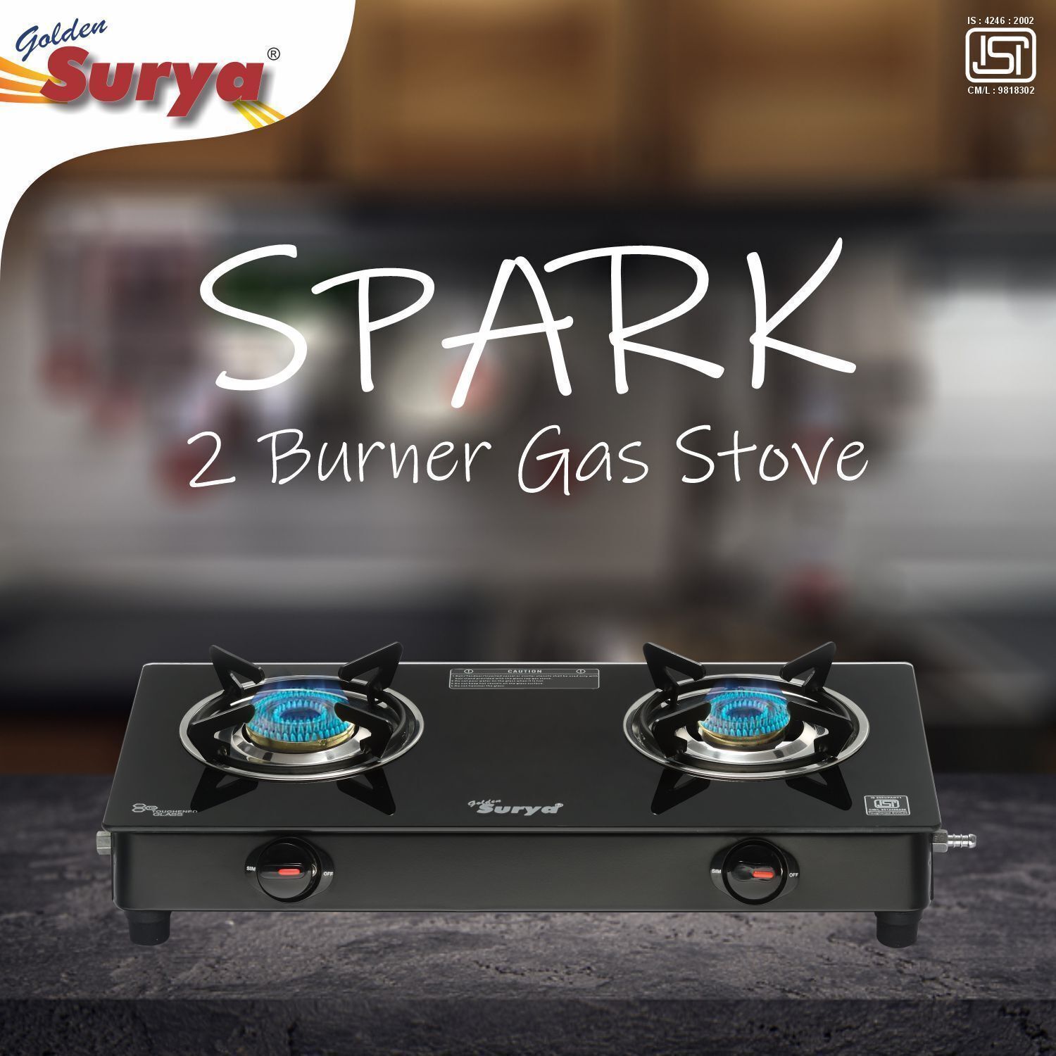 Spark, Premium Toughened Glass Top, ISI Certified, LPG Use" ( MS Poder Coated) Iron Manual Gas Stove-image-48