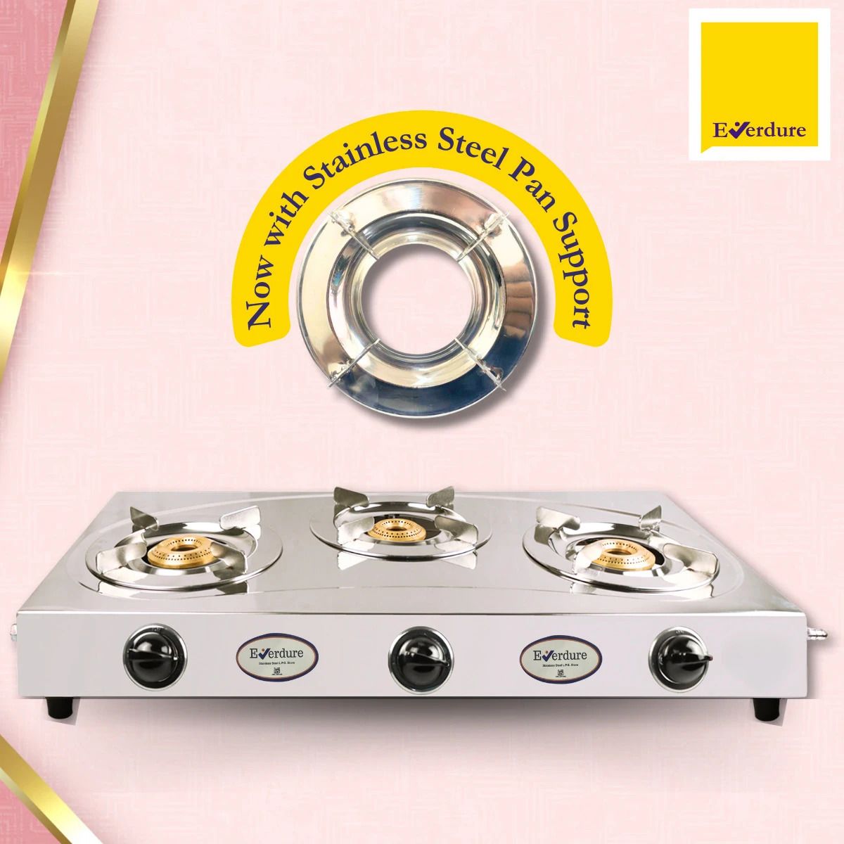 3 Burner Trimax | Steel Pan Support | Stainless Steel Manual Gas Stove