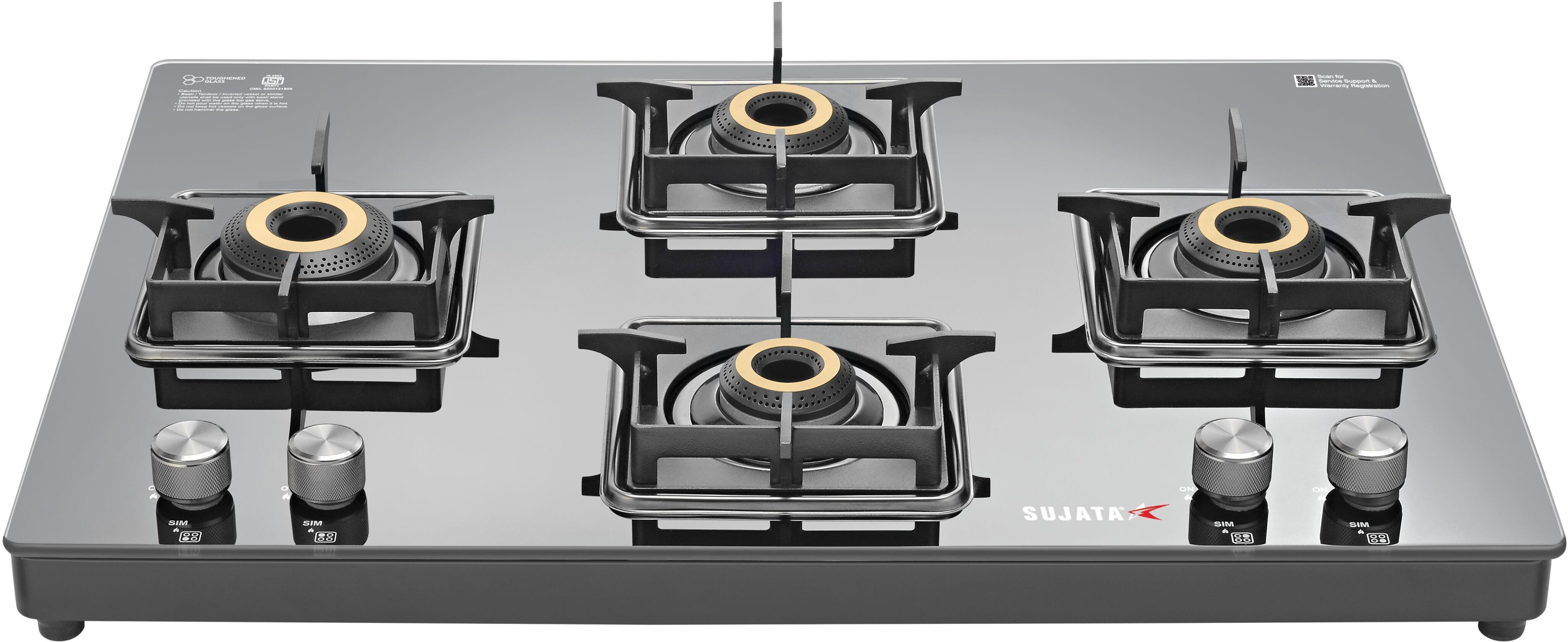 sujata Gas Stove 4 Burner | Gas Chulha for Kitchen | ISI Certified | Cross Burner | Glass Manual Gas Stove-picture-29