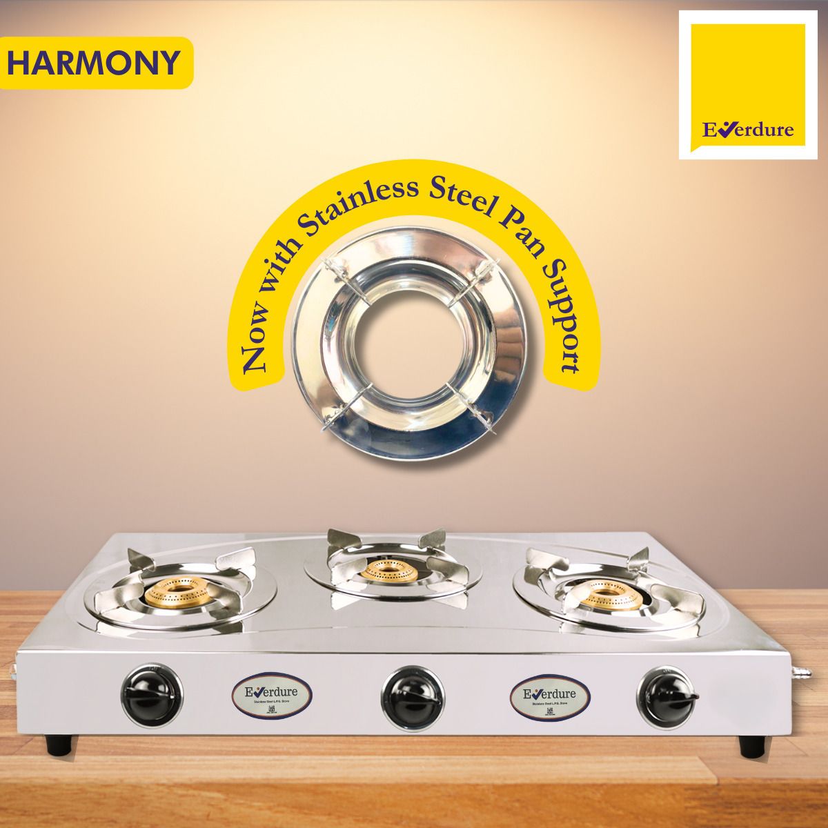 3B Harmony | Steel Pan Support | High Efficiency Burner | Stainless Steel Manual Gas Stove