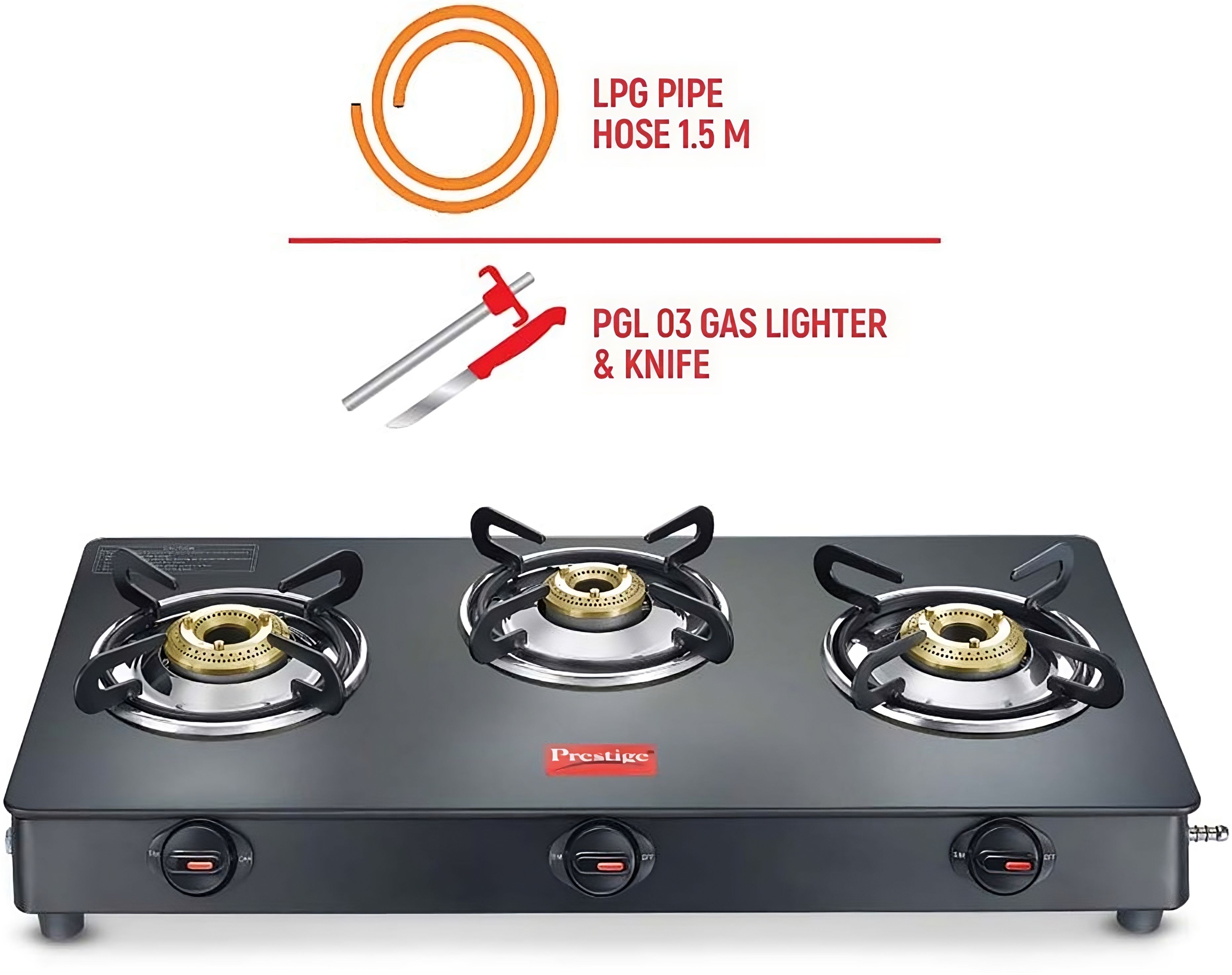 Atlas Plus Toughened top with Lighter Knife and Hose Pipe Glass Manual Gas Stove