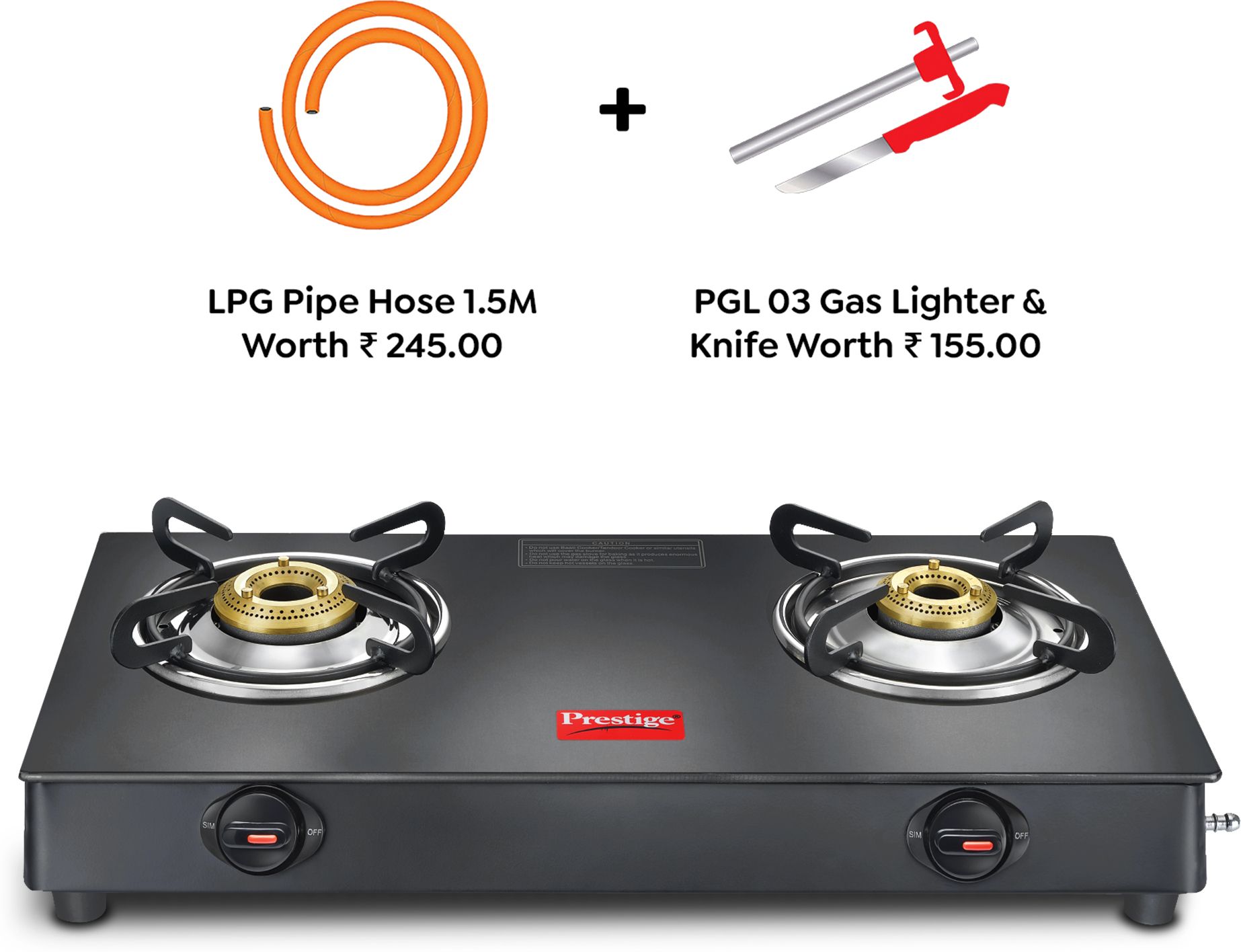 Atlas Plus Toughened Glass top with Lighter Knife and Hose Pipe Glass Manual Gas Stove
