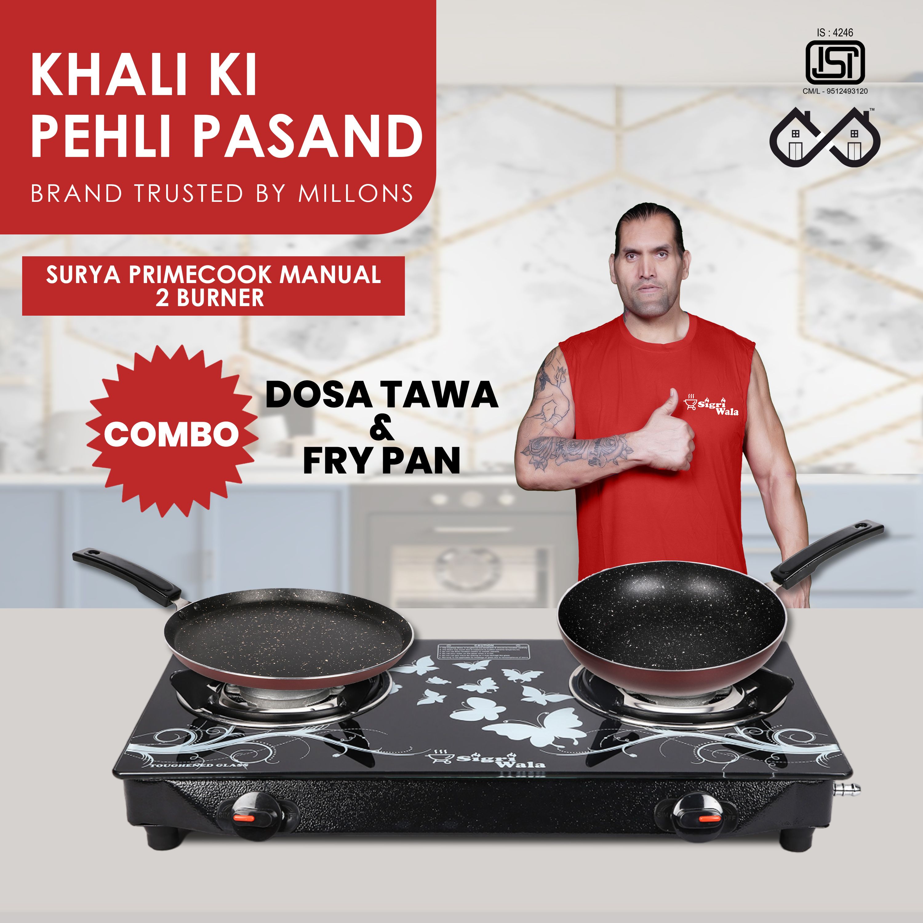 Surya Primecook Manual Cute Design Combo( Dosa Tawa+ Fry Pan) Glass Manual Gas Stove-image-35