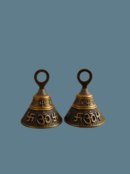 Swastik and Om pooja bell antique finish pack of 2 02 Brass Pooja Bell-image-4