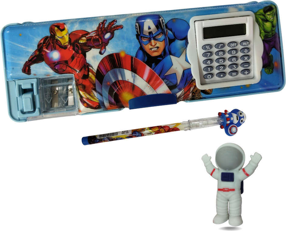 sanya traders AVENGERS CALCULATOR GEOMETRY BOX WITH SPACE MAN ERASER AND AVENGERS PENCIL COMBO Geometry Box image 1