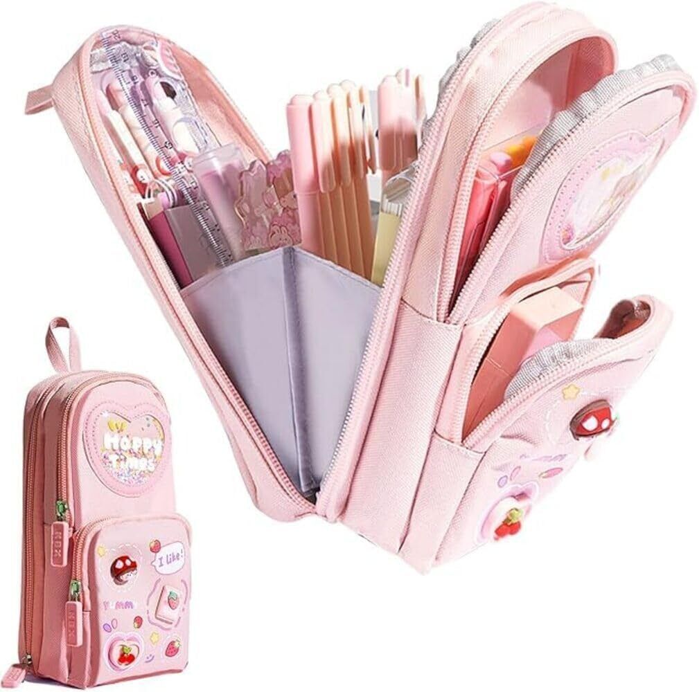 3 Layer Pencil Box Pouch for Girl Large Capacity Pink Pen Case with Compartments Geometry Box-image-43