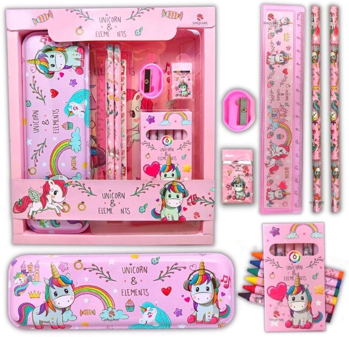 romycron Unicorn Stationery Kit Set for Girls 12 Pcs Pencil, Eraser, Sharpener, Color Set Geometry Box-picture-36