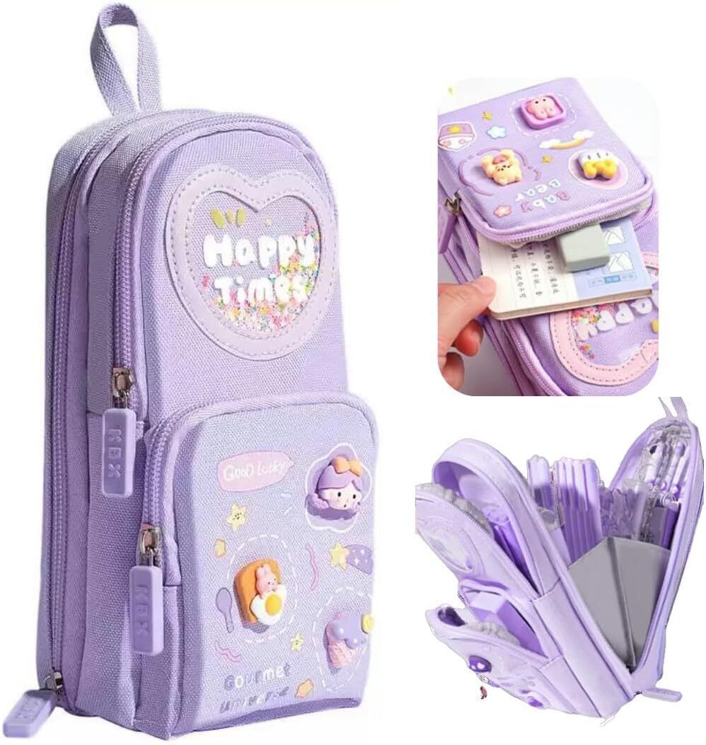 HR INTERNATIONAL Canvas Large Pencil Pouch for Girls & Boys, 3 Compartments Pen & Pencil box Art Canvas Pencil Box-picture-23