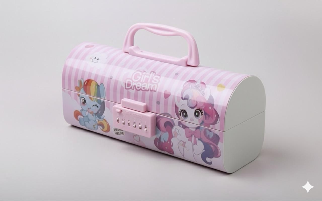 Unicorn Password Lock Pencil Box for Kids Double Layer Storage Geometry Compass Geometry Box
