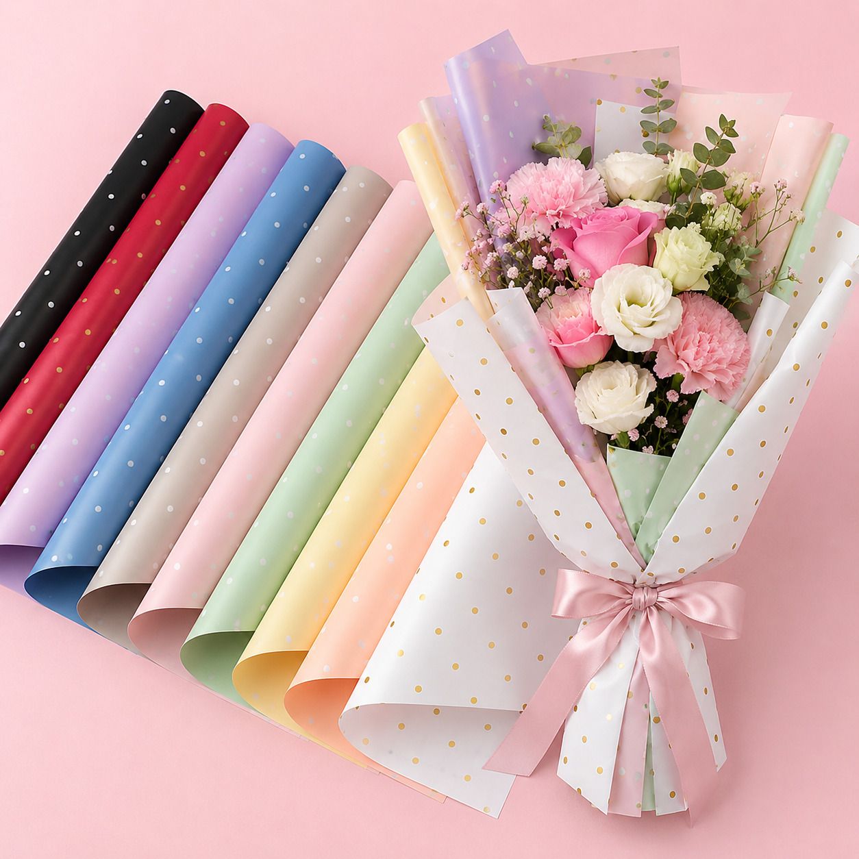 giftcovery 6 Pcs Premium Gift Wrapping Paper Sheets | Polka Dot Bouquet Wrapping Polka Dots Plastic (58X58 CM) Gift Wrapper-picture-26