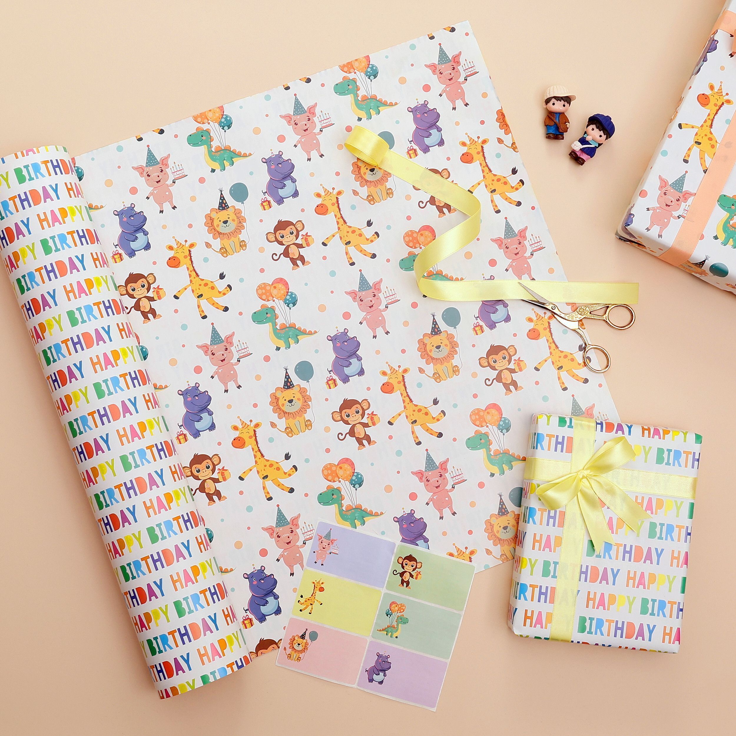 junkyard Reversible Gift Wrapping Paper pack of 6. With name stickers, Size: 19"x28" ANIMAL CARTOONS Paper Gift Wrapper-picture-20