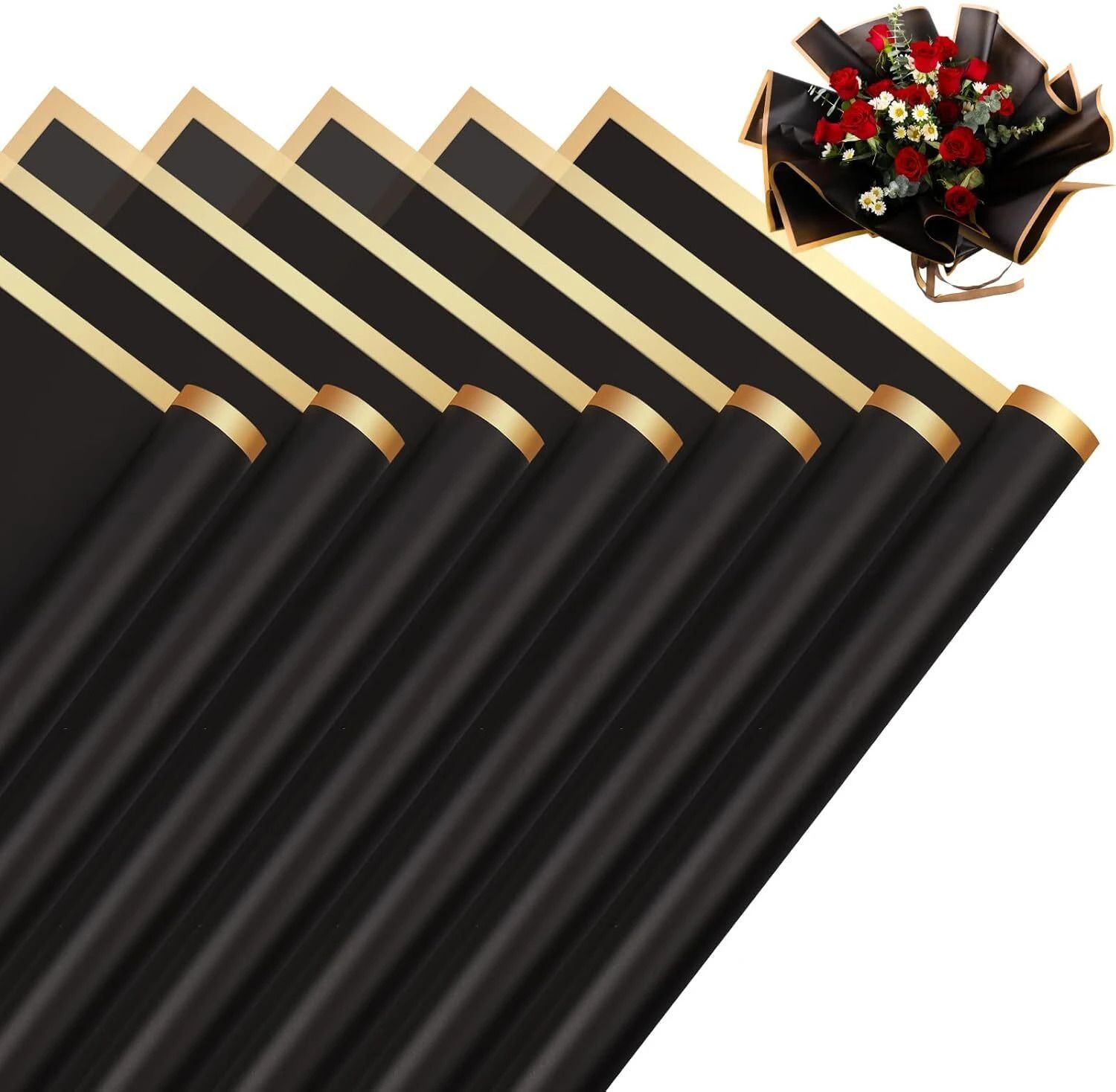 Golden Border Line Korean Flower Wrapping Paper For Bouquet,Gift Wrap,DIY(Black) Flower Plastic Gift Wrapper