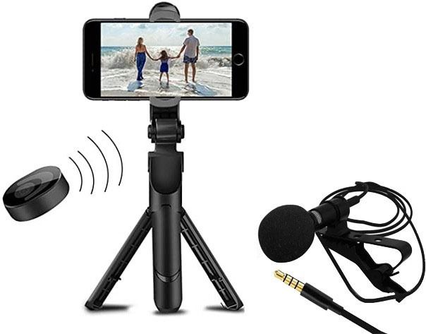 POZUB Wireless Integrated Folding Telescopic Tripod Mobile Phone Selfie Stick + Lapel 3.5mm Collar Microphone wired mic plug & play condenser Lavalier microphone Wireless Bluetooth Selfie Stick Tripod Foldable Tripod Monopods Tripod Kit, Tripod Bracket, Monopod Compatible with Mobiles Video Stand in Stabilizer, |in mobile holder for hand Single Gimbal for Mobile