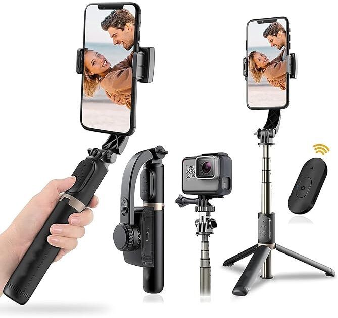 FITRIC Q08 Gimbal Stabilizer Selfie Stick with Tripod, 360 Degree Automatic Rotation 3 Axis Gimbal for Camera, Mobile