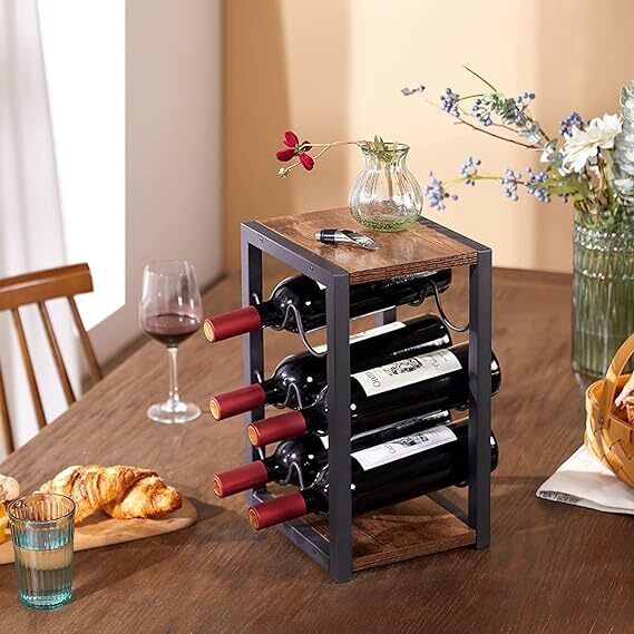 44524 Countertop Wine Rack Rustic Wooden Wine Holder Iron Glass Holder-image-8
