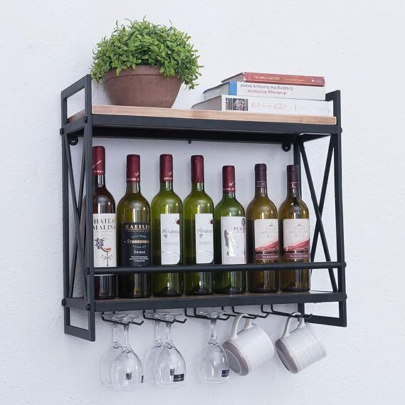 Rustic Industrial 2-Tiers Wood Metal Wall Mounted Shelf Floating Shelves Iron Glass Holder-image-1