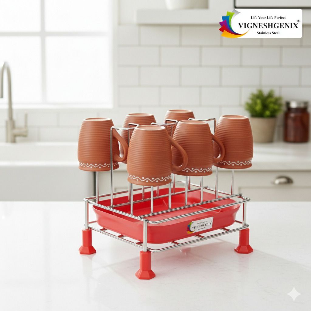 Glass Drying rack With Red Pastic Tray|9 PCS Glass Orgenizre |Glass Stand/Holder Stainless Steel Glass Holder