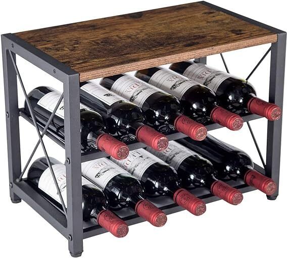 20513 Rustic Countertop Wine Rack 10 Bottle Organizer Holder 2 Tier Iron Glass Holder-image-0
