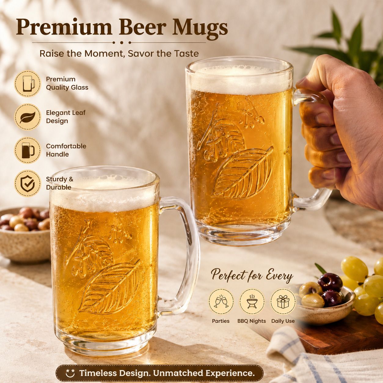 (Pack of 2) Leaf Pattern Beer Mug | Premium Clear Glass Beer Mugs with Handle Glass Set Beer Mug-image-40
