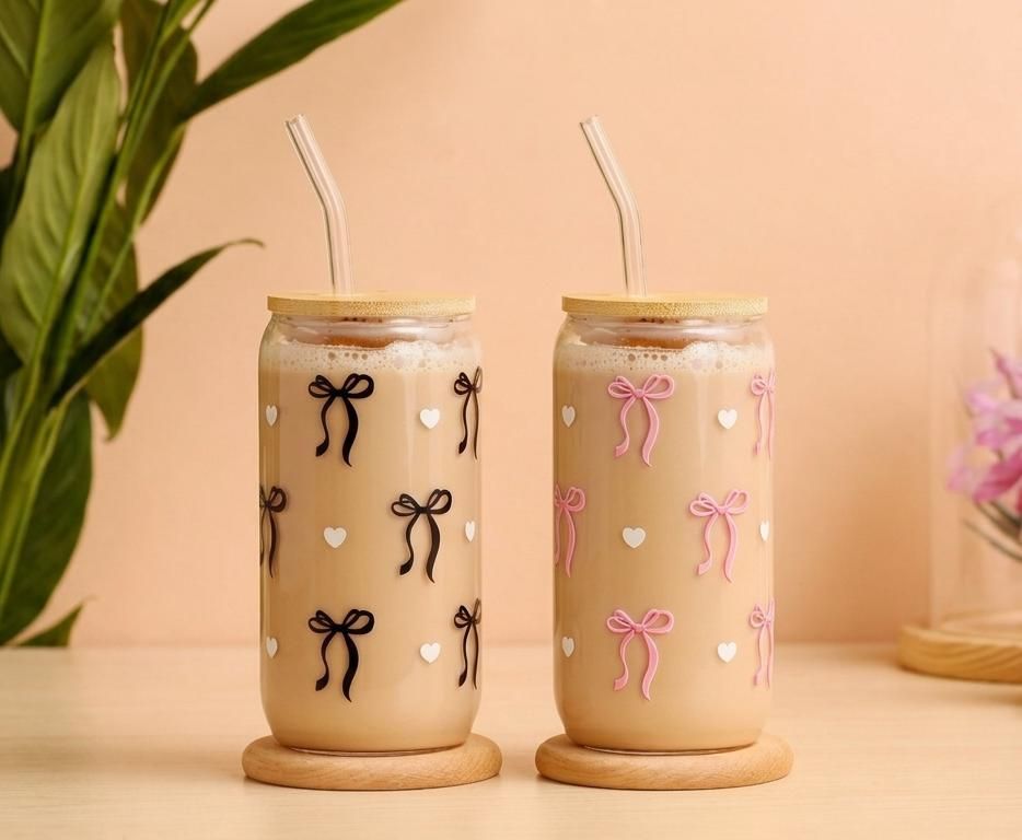(Pack of 2) Black & Pink Combo Cute Bow Printed Glass Tumbler with Lid & Straw Glass Water/Juice Glass-image-44