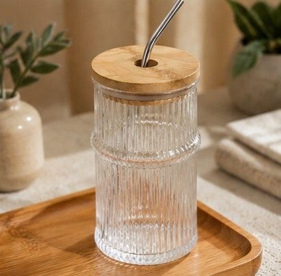 Elegant Ribbed Glass Water Tumbler with Wooden Lid & Steel Straw-image-11