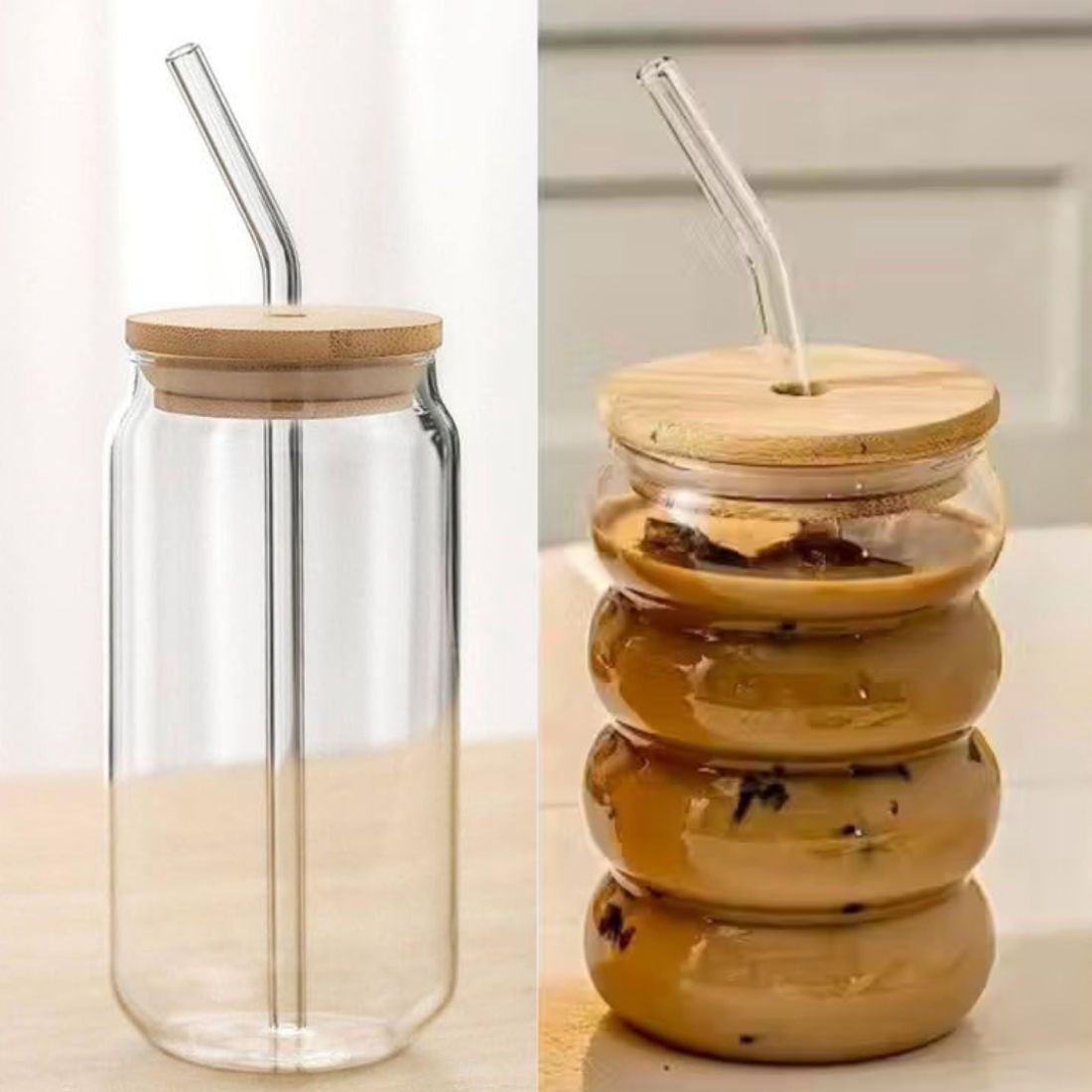 ironglass Premium Quality Can AND Ring Shape Glass 500 ml With Wooden Lid and Straw Glass Water/Juice Glass-picture-37