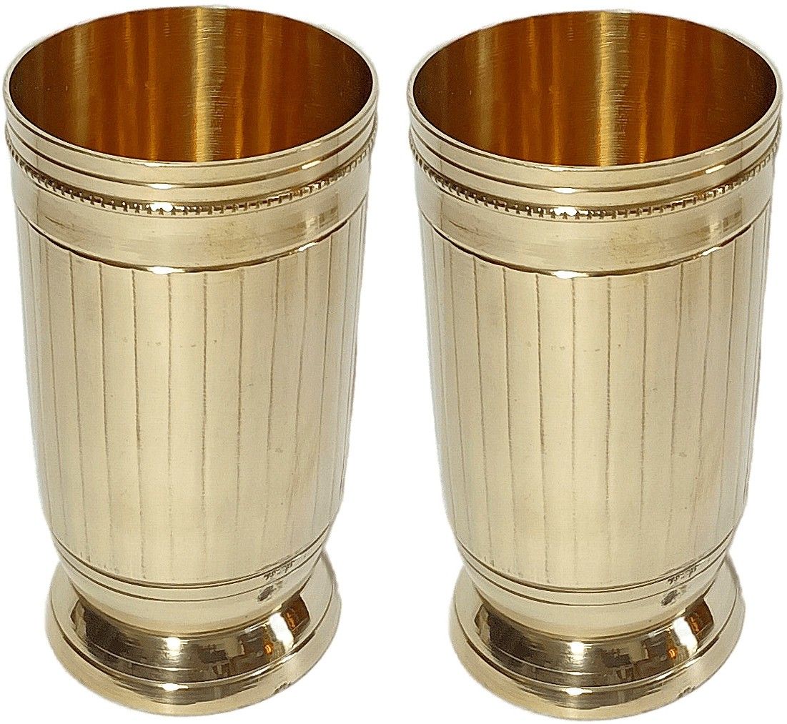 (Pack of 2) Heavy Handmade Brass Water Drinking Glass Set Striped Design - Set of 2 pc Glass Set Water/Juice Glass-image-3