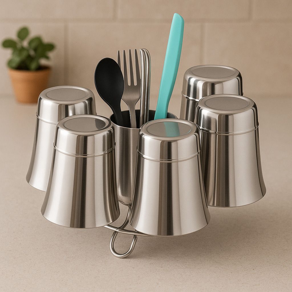 6 Glass stand/Holder with Spoon/knife tumbler Holder for Kitchen/Dining Table Glass Set Water/Juice Glass-image-35