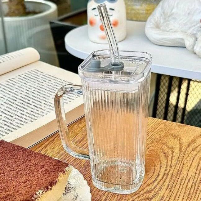 Transparent Square Glass Cup with Lid & Straw Reusable Travel Sipper Mug-image-39