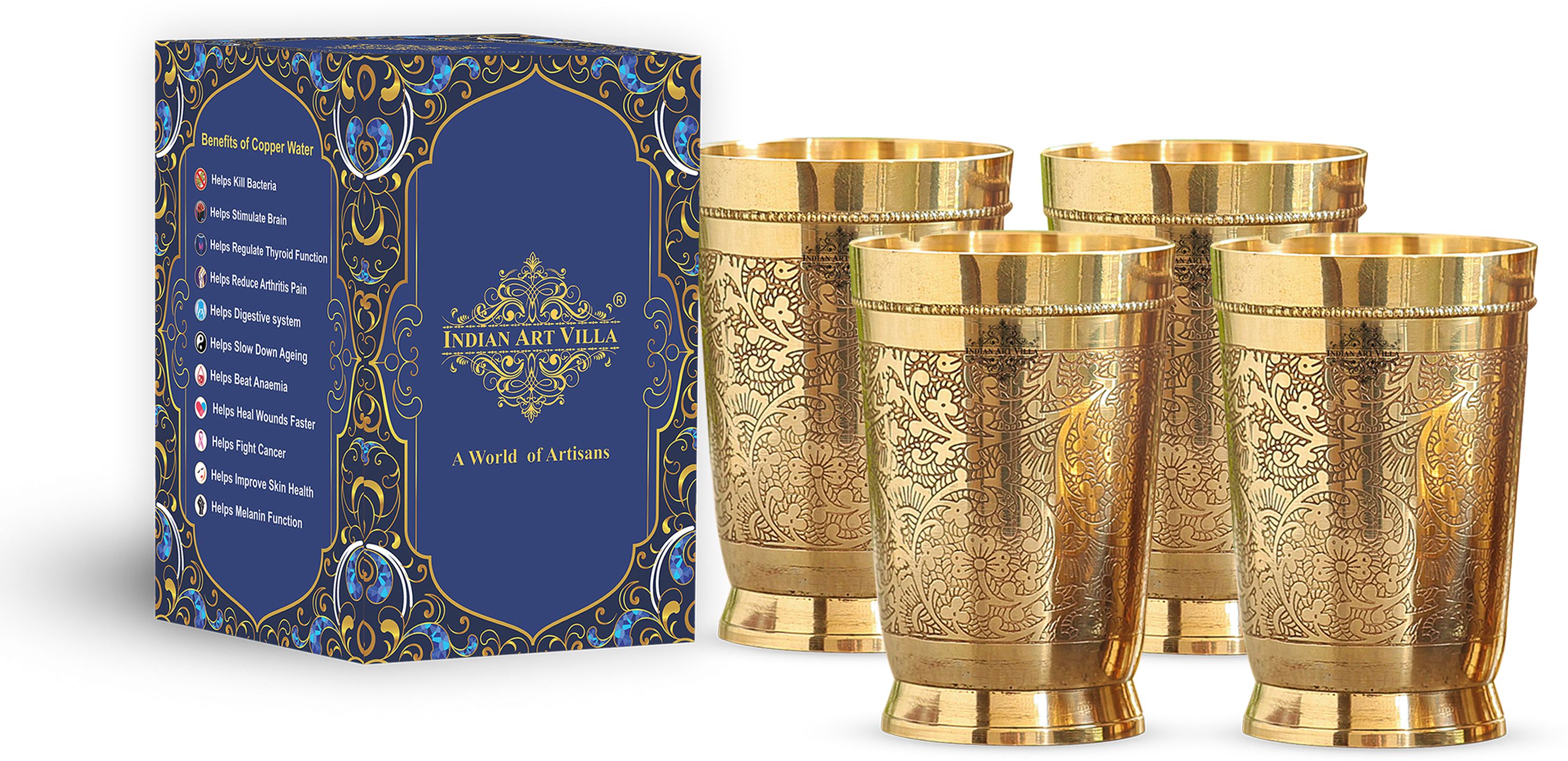 (Pack of 4) Set of Brass Glass,Embossed Design,330 ML Each Glass Water/Juice Glass-image-0